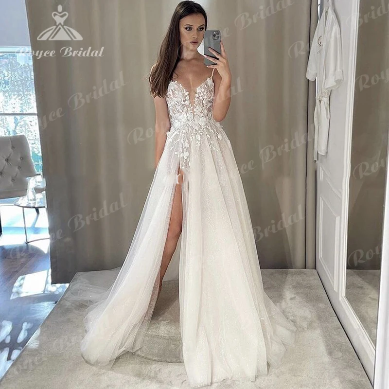 

Boho Tull Wedding Dresses Spaghetti Strap Illusion Floral Applique Beach Bridal Gown Sexy High Split Wedding Gowns Suknia ślubna