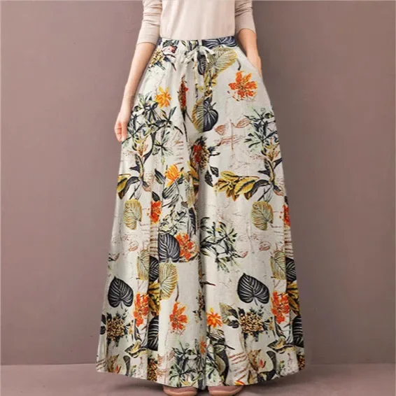 Elastic Waist Casual Floral Printing Trousers For Women Bell Bottoms Fashionable Waistband Adjustable Loose Fit Long Pants