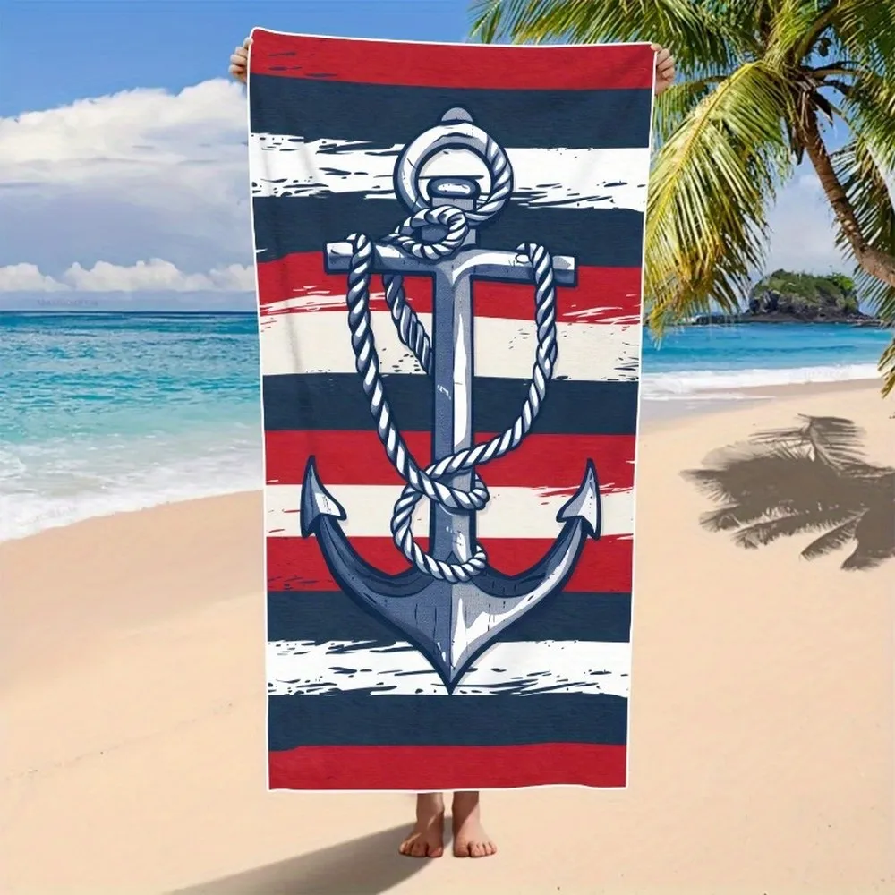 Nautical Anchor Striped Beach Towel Patterned Sunscreen And Windproof Suitable For Swimming Pool Camping Travel Blanket