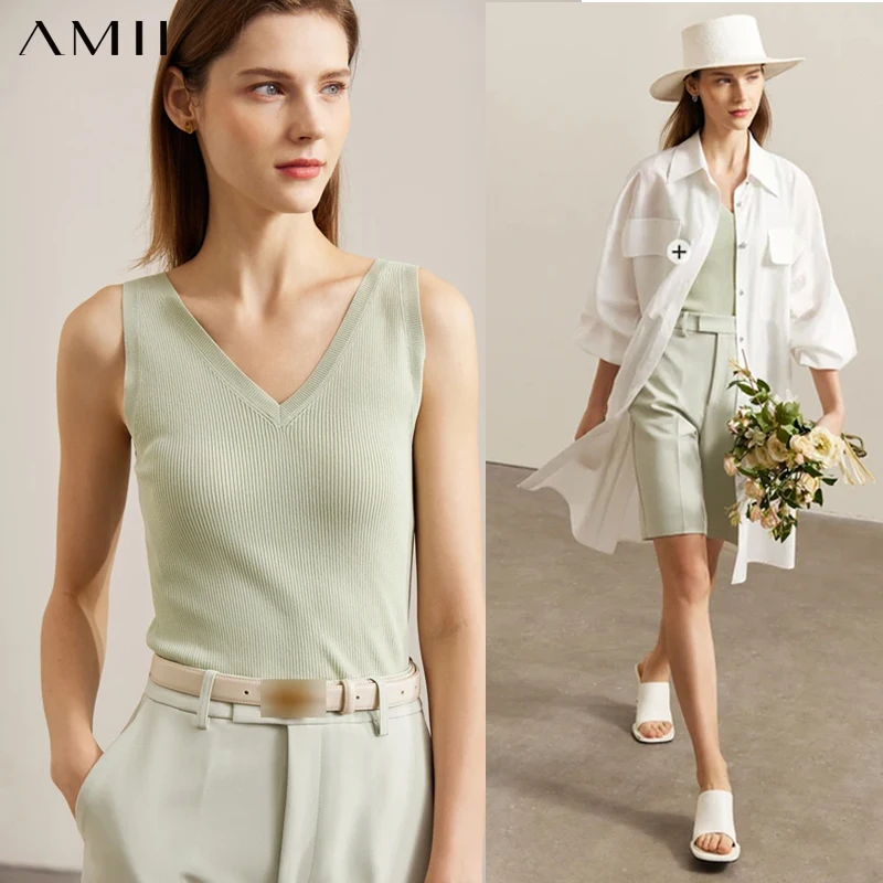 AMII Minimalism Tank Top for Women 2026 Summer New Versatile V-neck Fit Knitted Vest Camis Black Tops Women Clothing 72341028