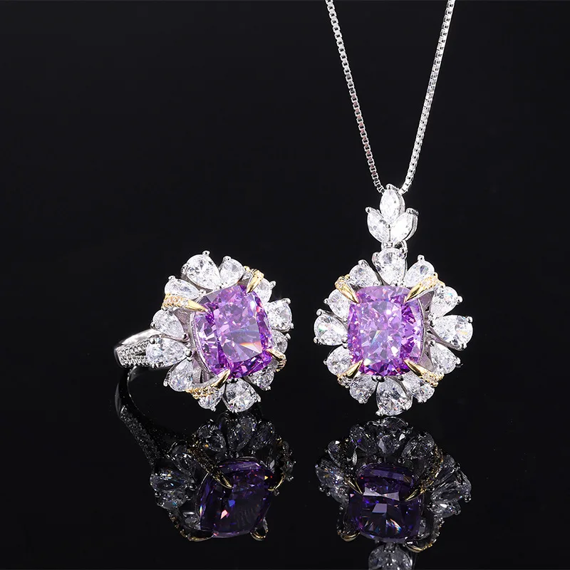 

S925 Full Body Silver Simulated High Carbon Diamond Purple Diamond Advanced Petal Inlaid Pendant Ring Set Main 10 * 12