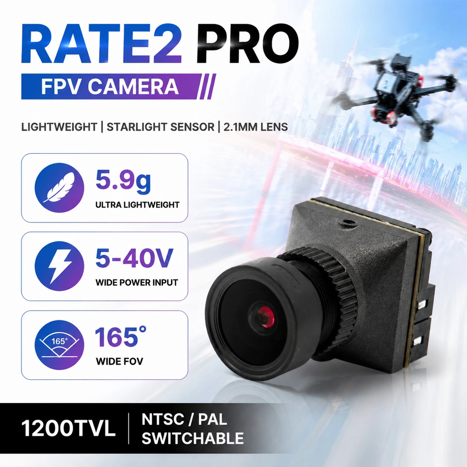 Rate2 PRO Lightweight FPV Camera 2.1mm Lens 16:9 NTSC/PAL Switchable With Replacement Lens for Micro FPV Camera Drone Quadcopter