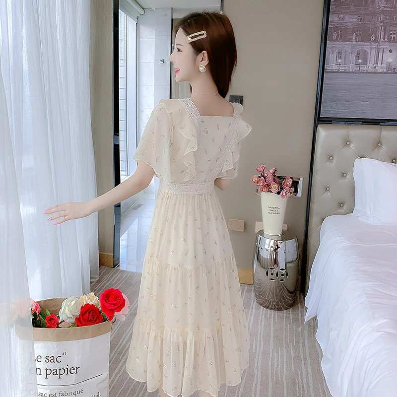 تنورة شيفون مطبوعة بالورود دكتور للسيدات لصيف 2024 بخصر عالٍ لقضاء العطلات على الشاطئ تنورة خرافية للتنقل Sle ort Sve بياقة مربعة #5