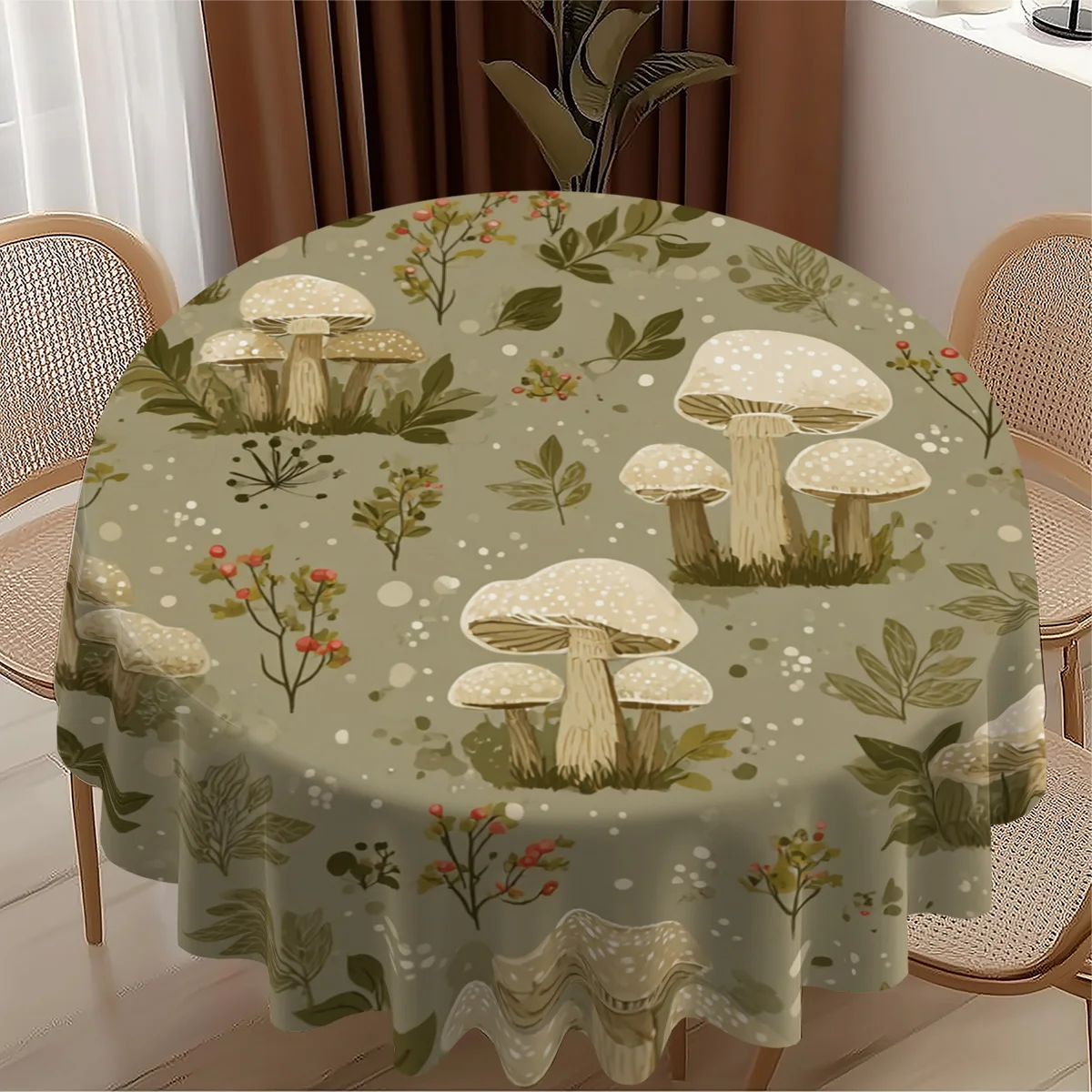 1pc Round Tablecloth with a 2D Printed Natural Pattern Featuring Mushrooms, Foliage, and Berries. Diameter: 60 Inch