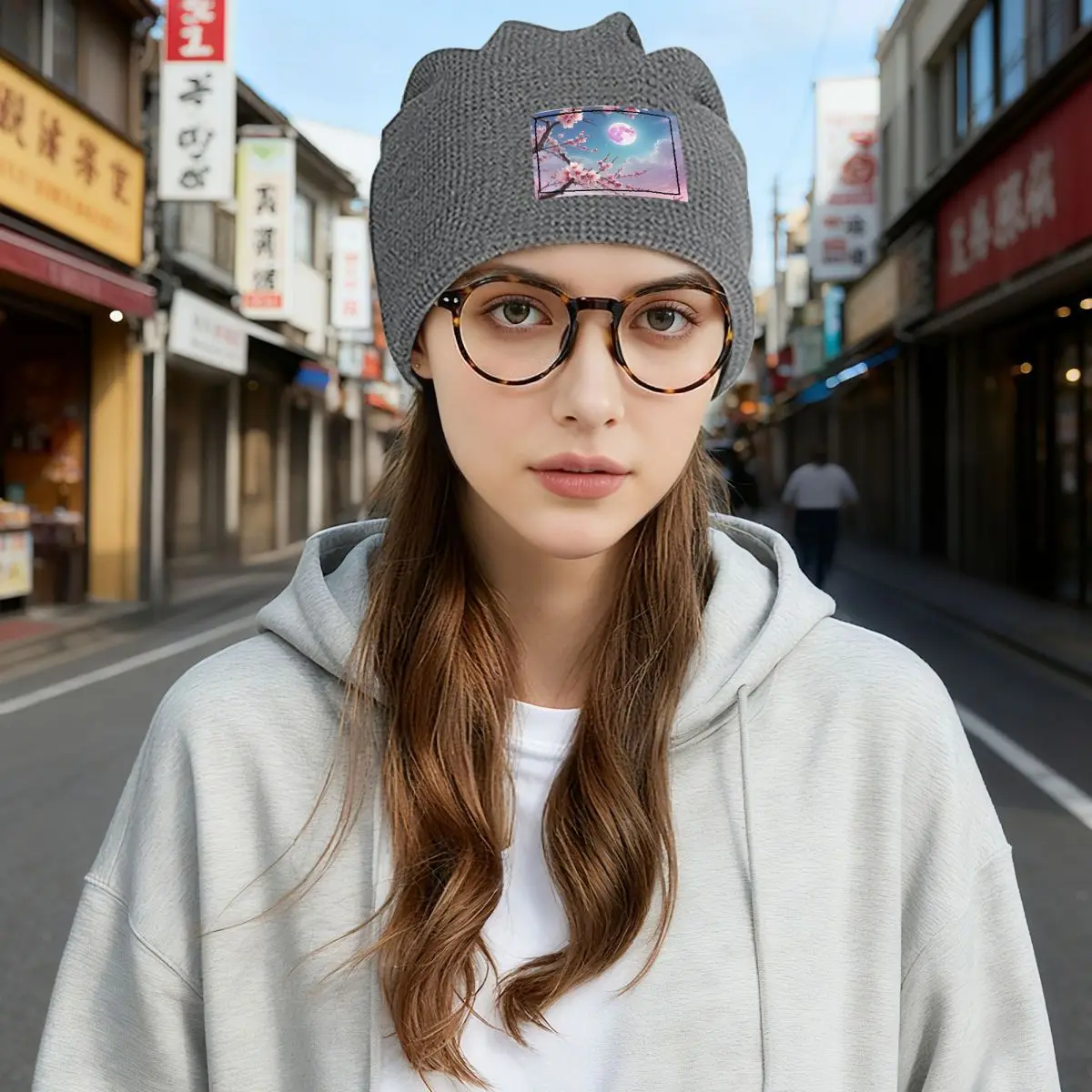 Sakura Cherry Blossom Japanese Flowers Waffle Knit Fleece Lined Beanie with PU Leather Patch Unisex Warm Winter Soft Cap