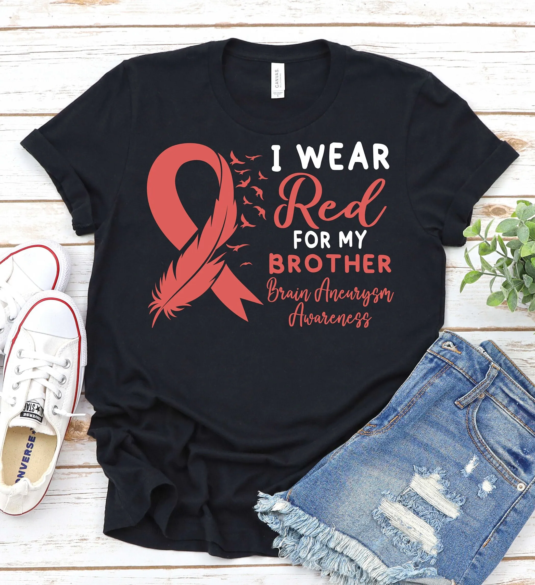 Brain Aneurysm Awareness T Shirt Red Ribbon Rupture Support Brother Cerebral