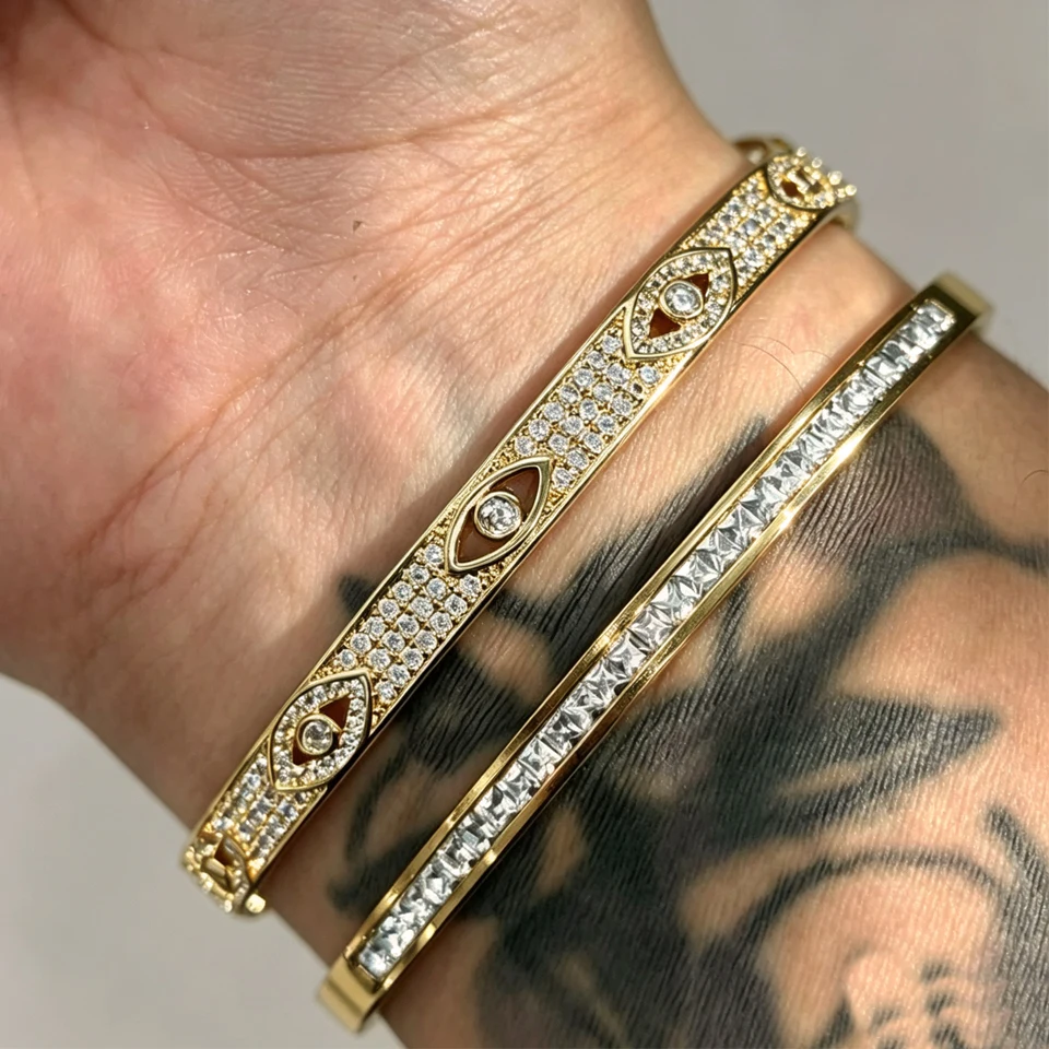 Yupsk 2pcs/set Shining Zirconia Copper Stainless Steel Bracelet Set for Women Men Fashion Trendy Bangles Jewelry Gift