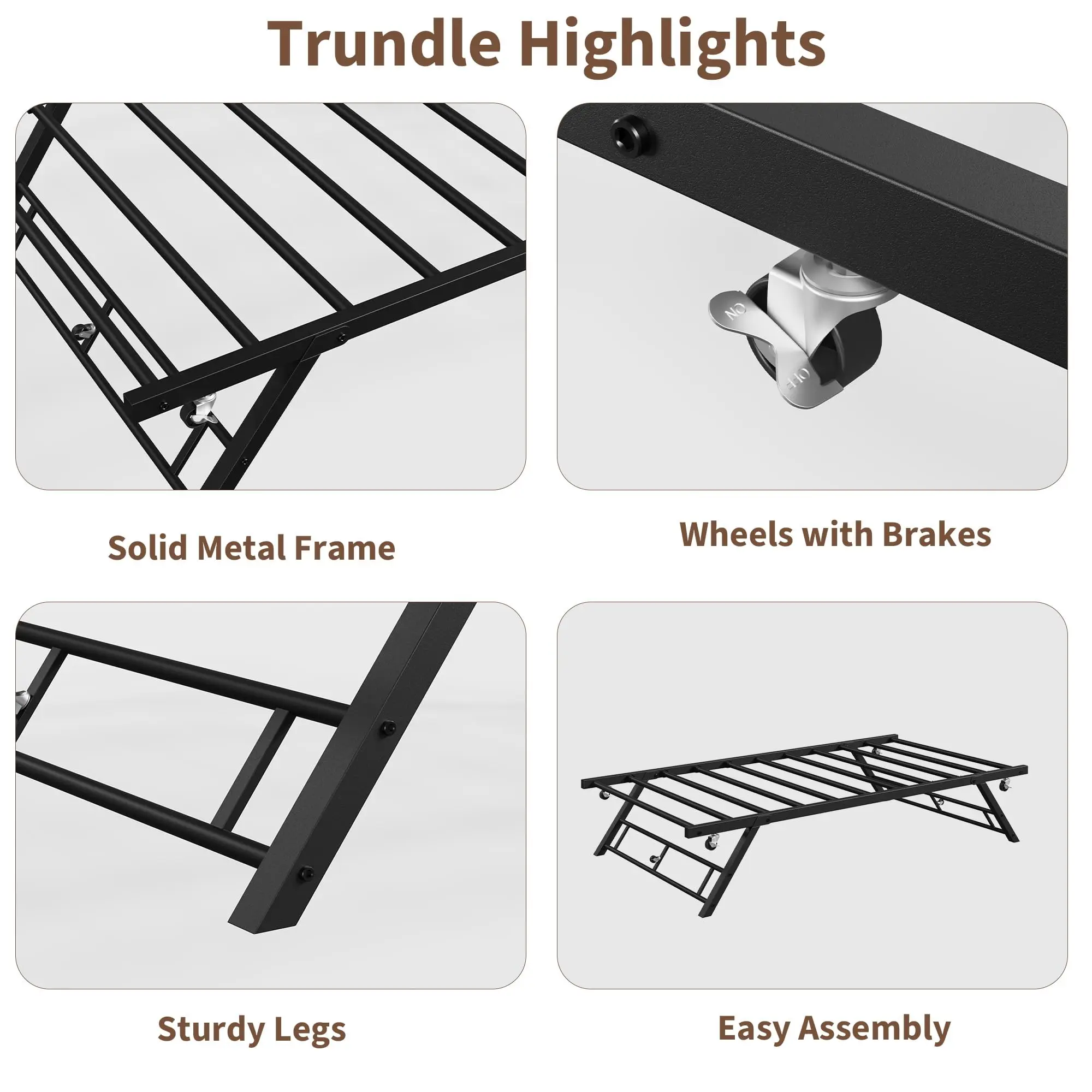 Twin Pop Up Trundle Bed Frame, Trundle Day Bed with Lockable Casters | Foldable Metal Platform,Heavy Duty Metal Slats,Use Solo or With Daybed,For Guest Room,Living Room,Space Saving image 6
