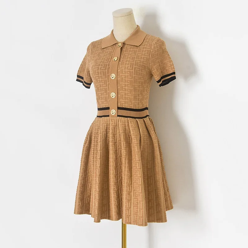 

Fashion Short Sleeve A-Line Dresses Women Turn-Down Collar Knitting Cotton Dress