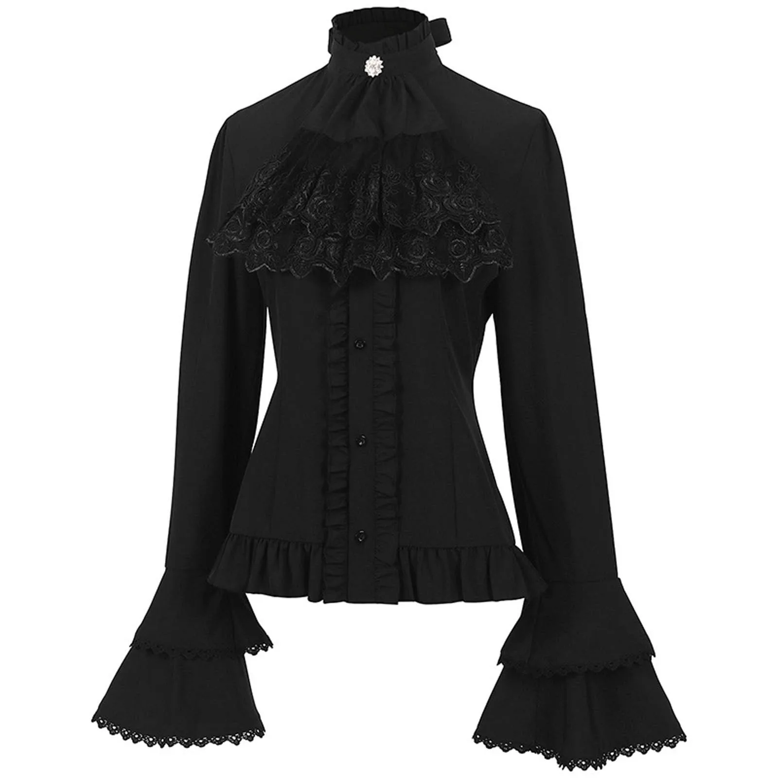 Elegant French Shirt Women Renaissance Gothic Blouse Steampunk Stand Flare Sleeve Lace Embroidery Ruffles Bandage Design Shirt