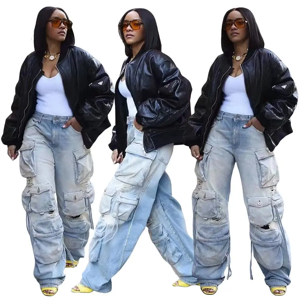 Retro Women's Workwear Casual Pants Multi-ket Denim Elastic Waist 3D Cross-Border ular Street Sle Long Cotton Trousers