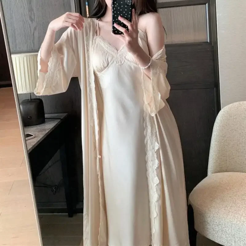 Long Kimono Gown Women Autumn Spring New Loungewear Sleepwear French Style Lace Trim Robe Set Ice Silk Vestidos De Novia