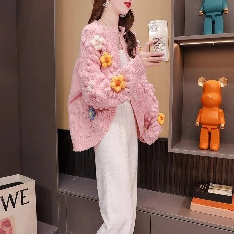 

Pink Coquette Knitted Sweater Woman Crochet Top Korean Fashion 2025 Trending Y2k Lightweight Hot Round O Neck Cardigan for Women