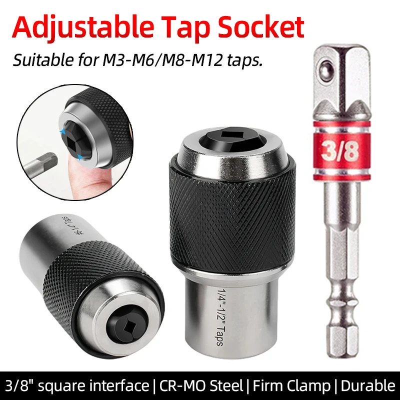 M3-M12 Screw Tap Socket 3/8” Square Drive Adjustable Jaws Extractor Tool Socket Adapter Taps Reamer Screw Extractor