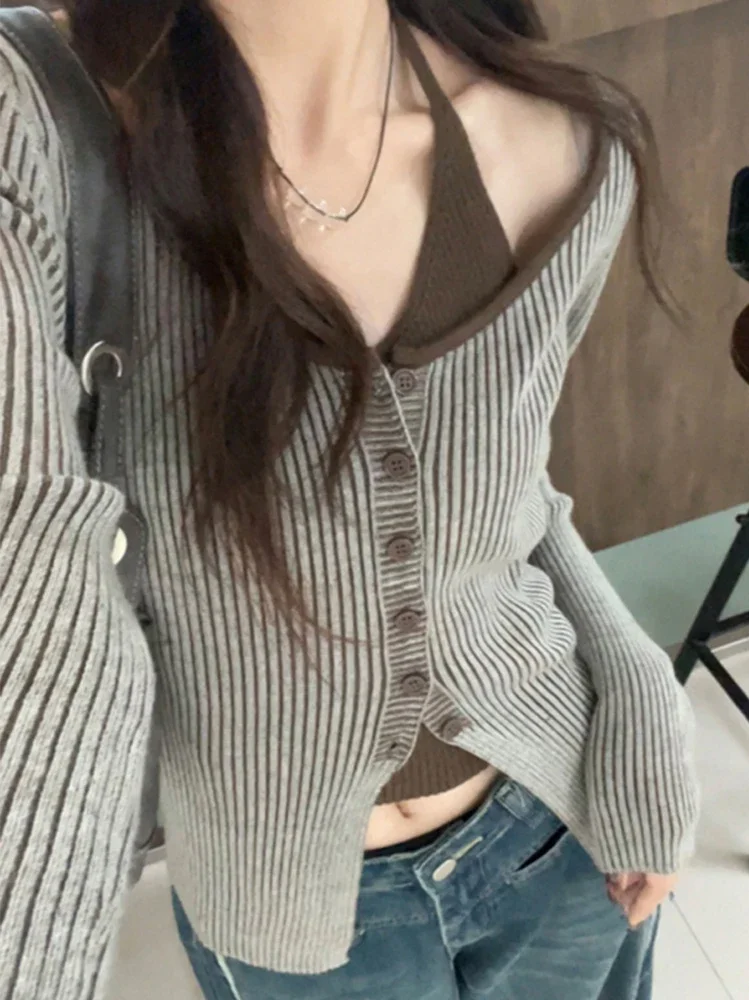 

Модный винтажный вязаный кардиган с лямкой на шее и длинными рукавами, лоскутные топы из двух предметов, весенне-осенний женский тонкий 2024, женская одежда