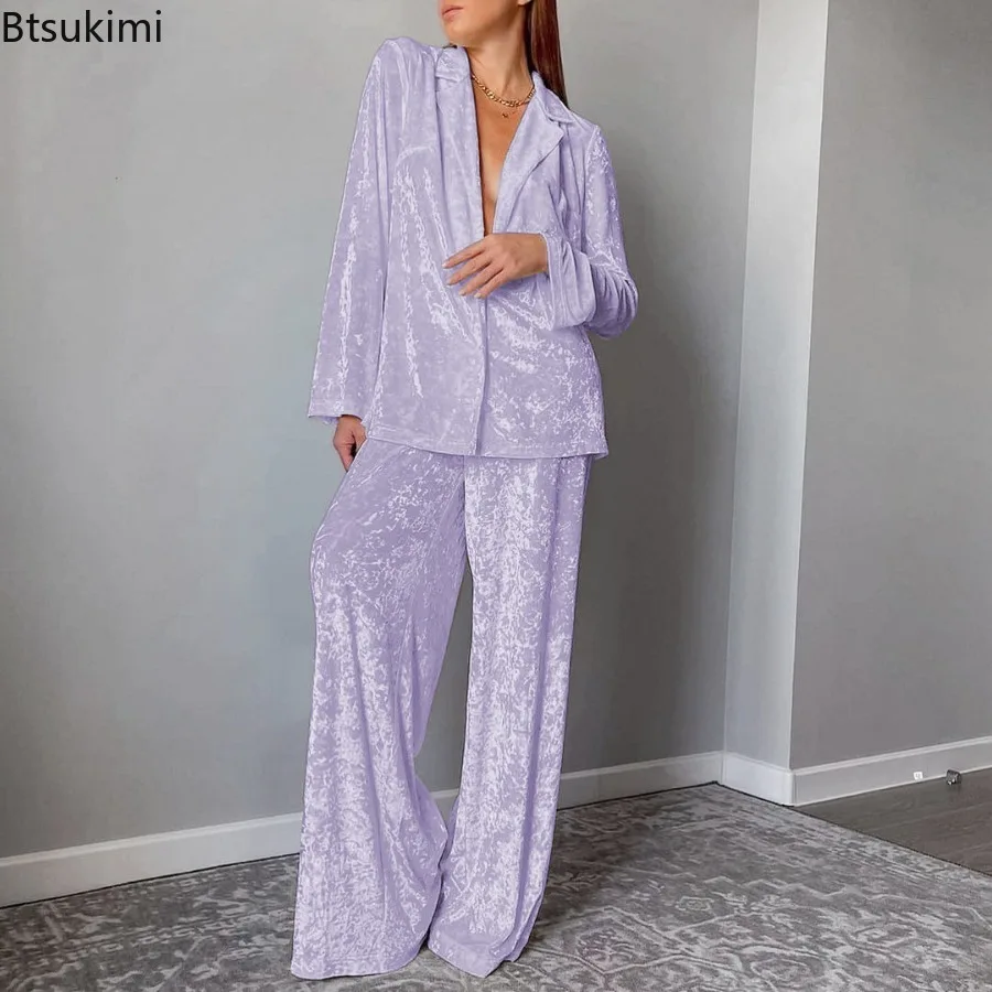 New Beige Velvet 2PCS Home Wear Sets Winter Long Sleeve Tops and High Waist Pants Pajamas Two Piece Set Women Nighties Sleepwear