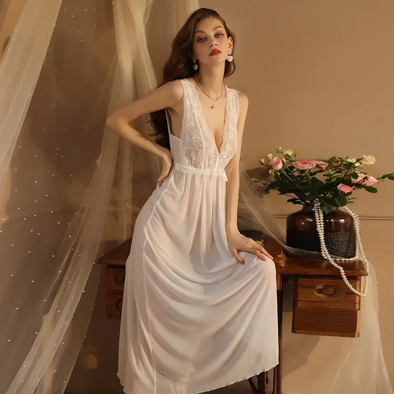 Elegant Women's Loungewear Sexy Mesh Lace Wide Suspender Long Nightdress Pajamas Sexy Long Nightdress Sleepwear Deep V Back