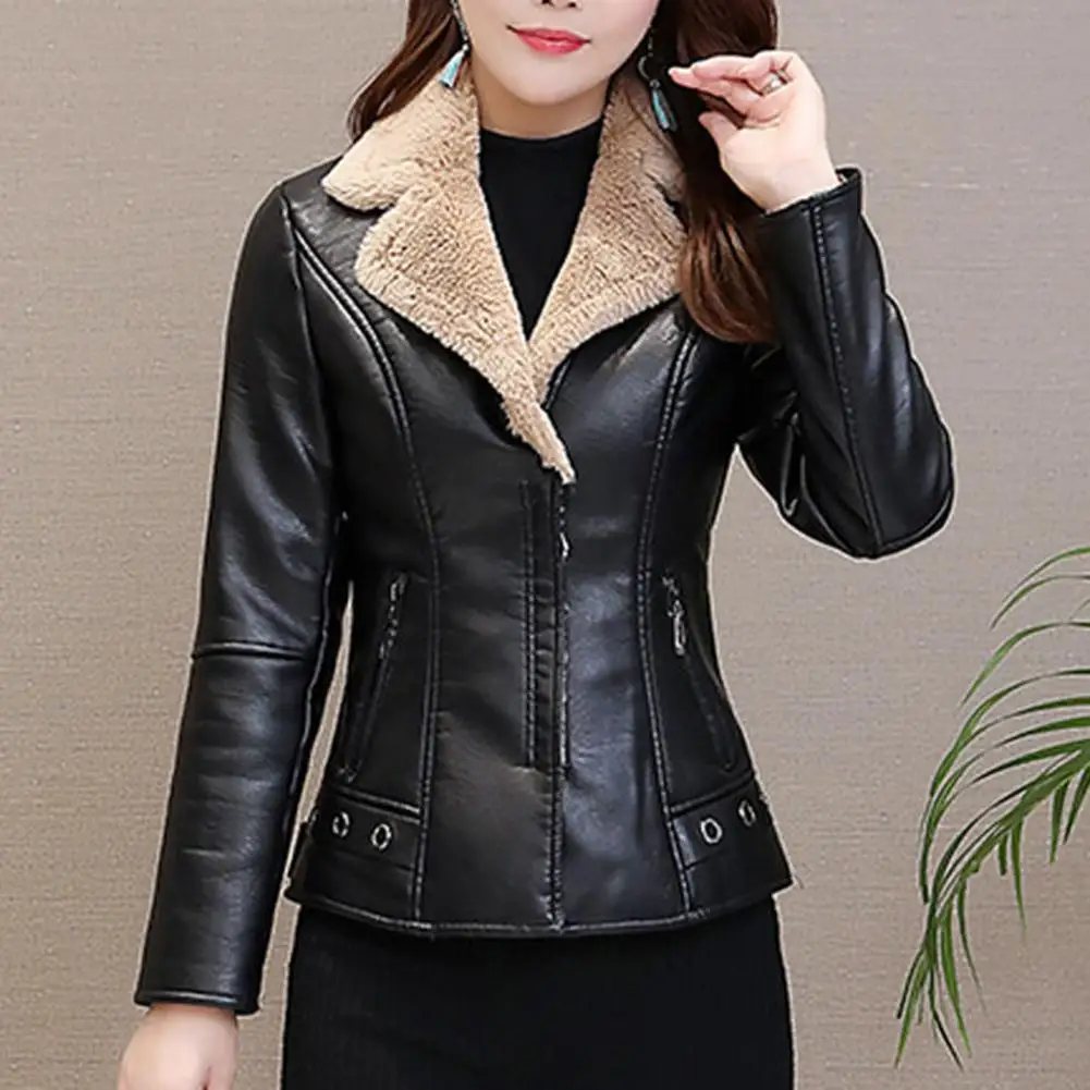 Casual Faux Leather Jacket Warm Plush Faux Leather Women\'s Jacket with Zipper Pockets Turn-down Collar for Fall Winter Women