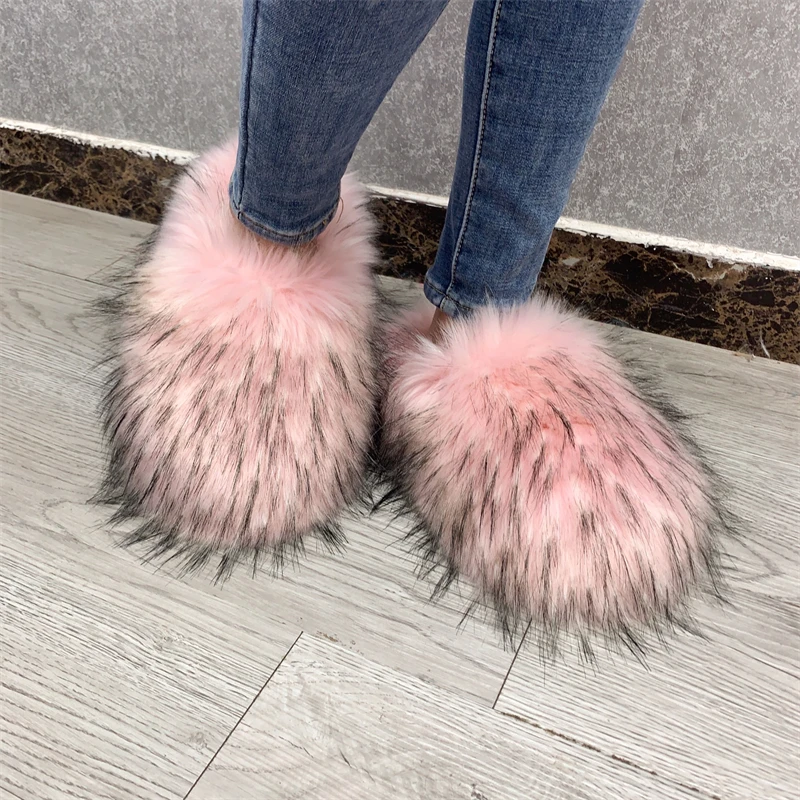 

Spring Summer Women Plush Flat Shoes Outdoor Indoor Fashion Slippers Raccoon Fur Slides