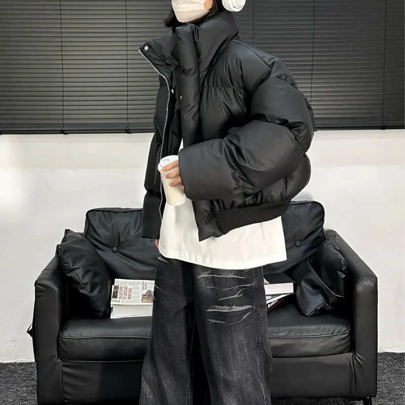 

Cleanfit Men's Short Thickened Cotton Jacket Winter Warm Stand Collar Bread Style Coat Couple's Leather Cotton Outerwear