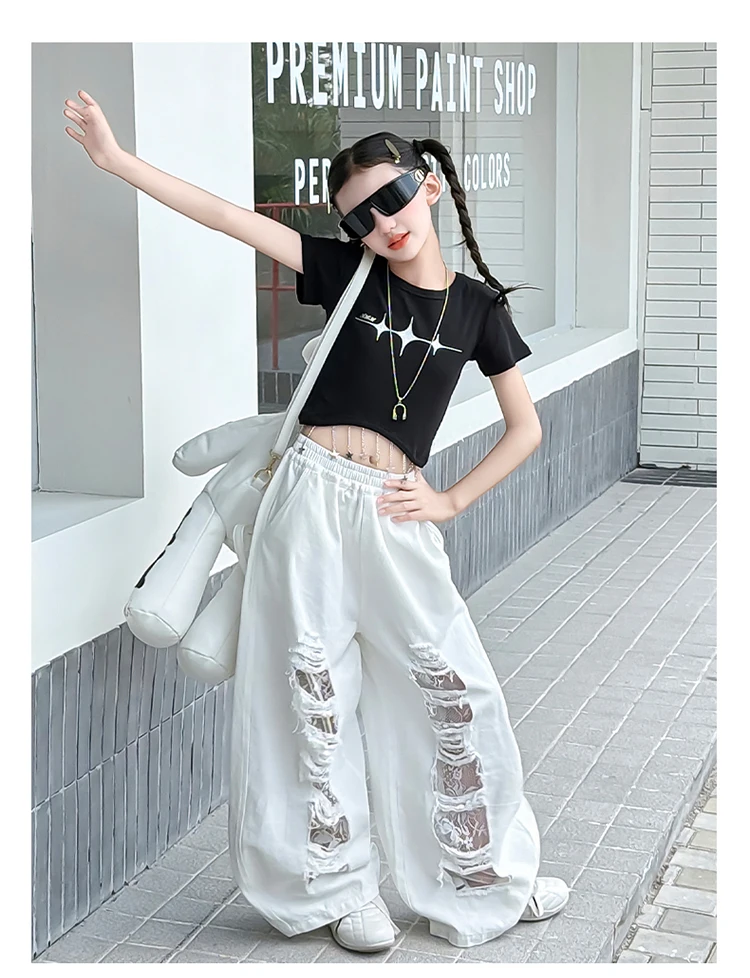 Neues Modisches Street-Style Kinder Hip-Hop-Bekleidungsset für Mädchen, Hiphop-Oberteil und -Hose, Kinder-Tanz-, Rap-, Jazz-Outfit mit T-Shirt und Hose – Detail 7