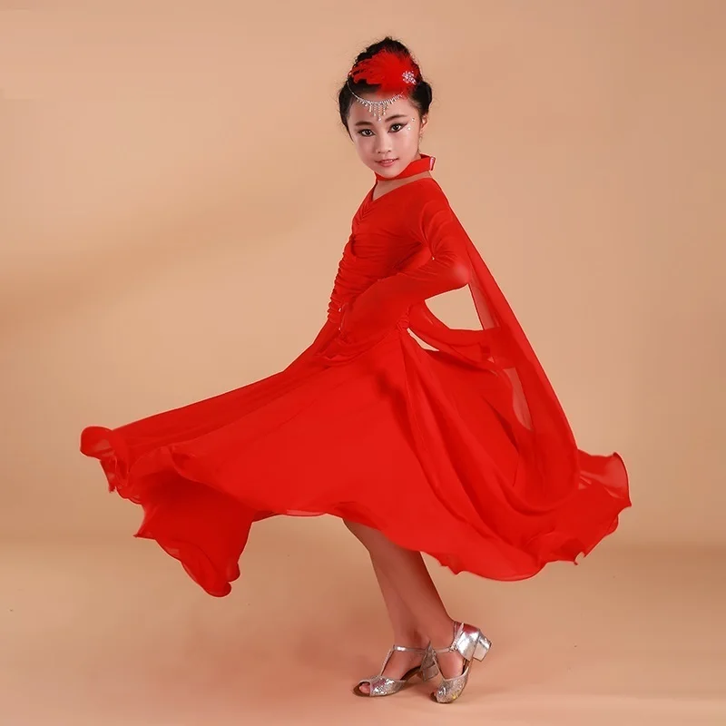 Girls Child Long Sleeve Tango Rumba Samba Flamenco Waltz Dance Competition Dress Dancewear Kids Standard Ballroom Dance Dress