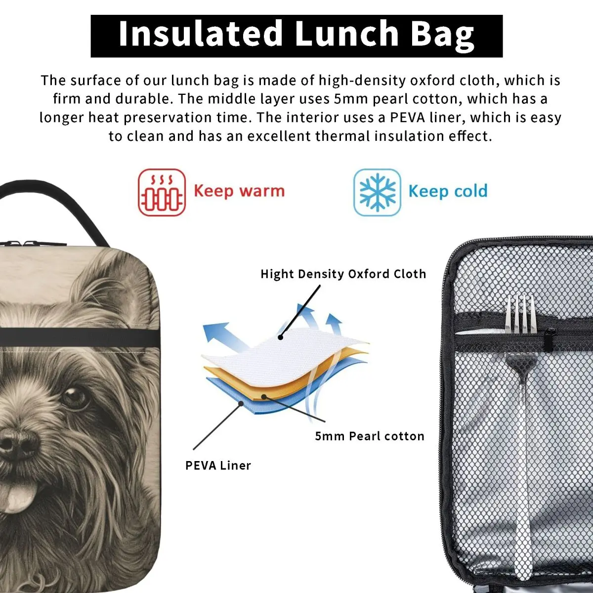 The Adorable Yorkshire Terrier Dog Insulated Lunch Bag for Women Kids Portable Food Boxes Thermal Lunch Box Tote