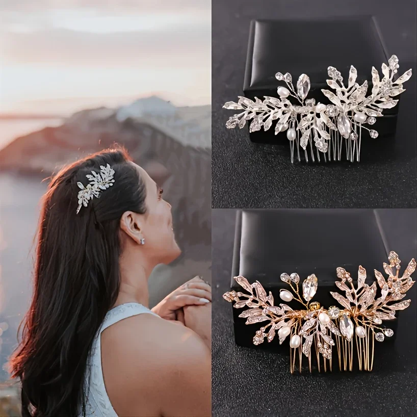 

Кристальный жемчужный гребень-заколка для волос, серебристый, со стразами, в форме листа, свадебный гребень-заколка для женщин, аксессуар для волос на свадьбу