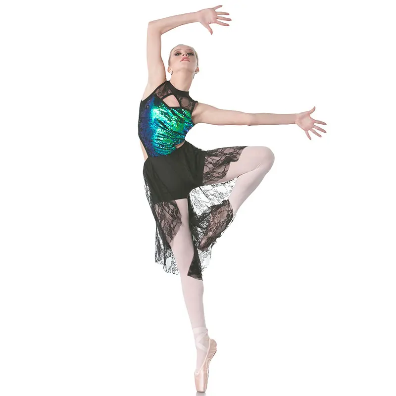 

Новый зеленый топ с пайетками и черным кружевом для лирических и современных танцев, костюм для женщин и девочек, балетное платье, танцевальный костюм