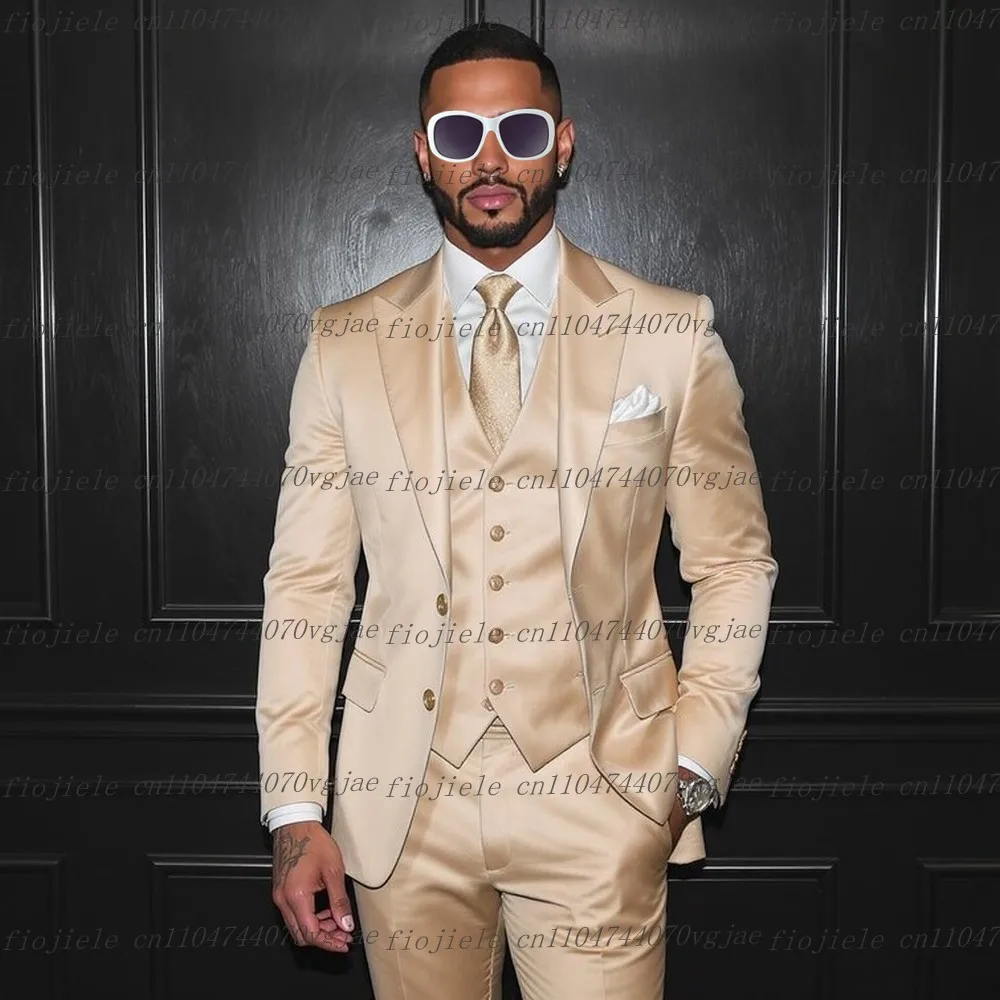 

Новый бежевый ацетатный атласный мужской костюм, официальная свадебная вечеринка, жених, жених, мужские смокинги, комплект из трех предметов, куртка, жилет, брюки
