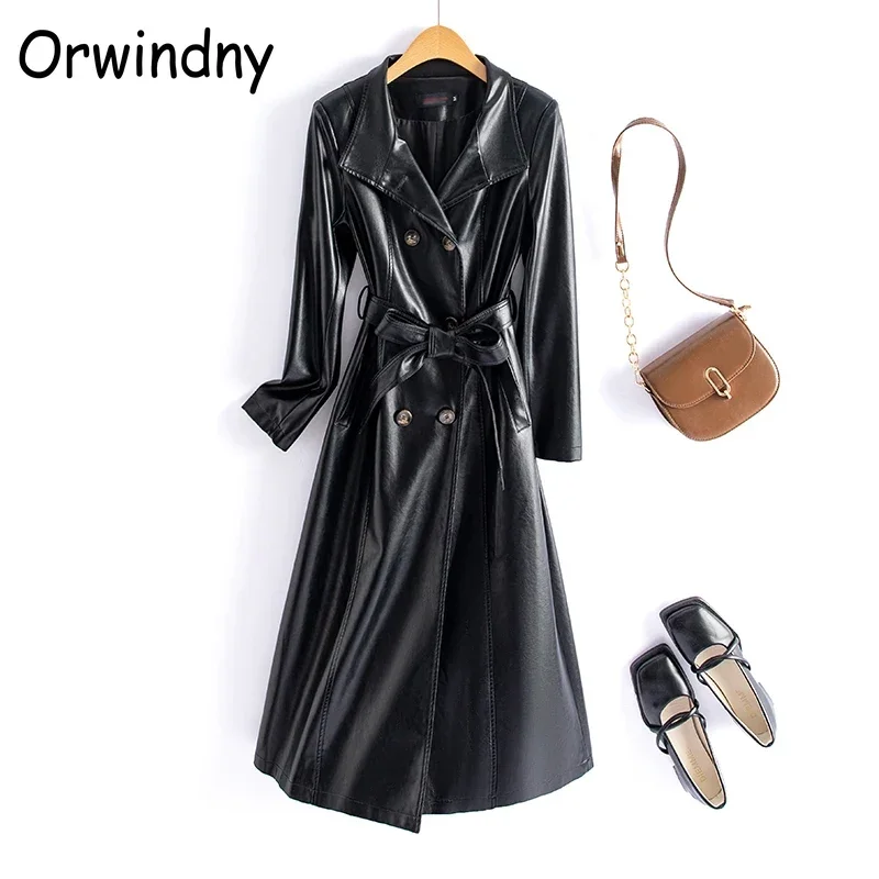 New Spring Leather Trench Women Long Jackets Belt Fashion Long Coat High Quality M-7XL Faux Leather Clothing Outwear Suede