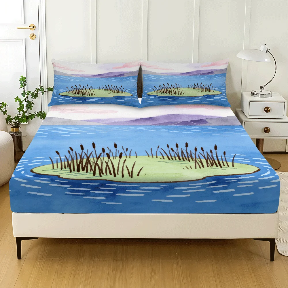 Newest 2D Three-Piece Bedding Set (Includes 1 Fitted Sheet + 2 Pillowcases) Mattress Protector, 3-Piece Hotel-Grade 2D Printed Fitted Sheet Set, Elastic Deep Pocket Fitted Sheet, Protective Cover, Holiday Decoration, Various Sizes, Breathable Protective Cover with Pillowcase
