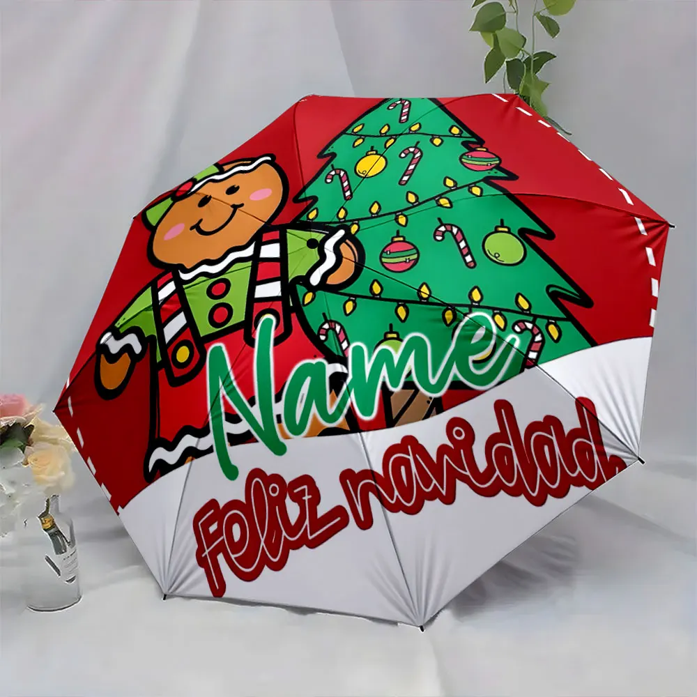 Custom Name Christmas-themed umbrella festive gingerbread and tree Print 8Iron Ribs Folding Umbrella Auto-Open Fashion Sunshade
