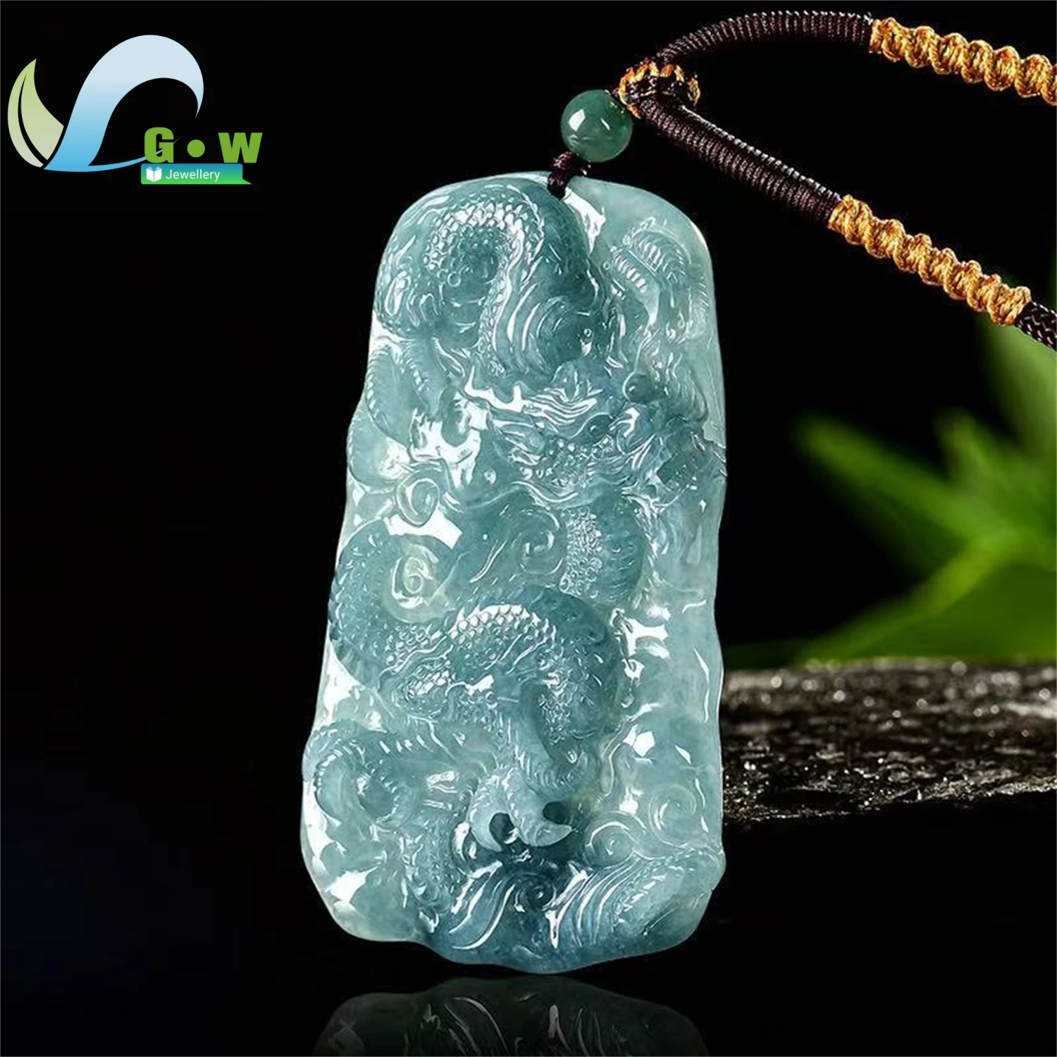 Natural A Grade Jadeite Blue Water Nine Dragons Protection Pendant Icy Texture Premium Men's Hanging Necklace Jewelry Gift