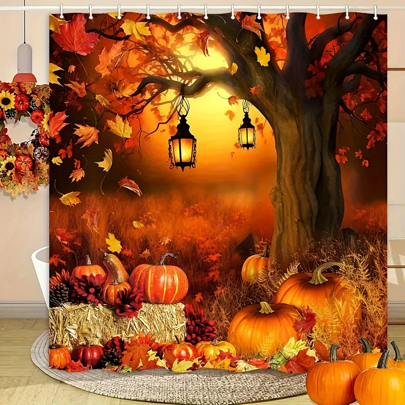 Festive Autumn Harvest Thanksgiving Pumpkin Shower Curtain - Cozy Farmhouse Style with Vibrant Fall Leaves