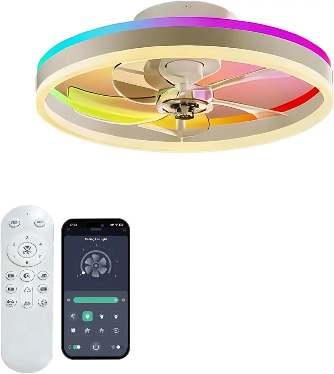 Smart Low Profile Flush Mount Ceiling Fan With Light Remote App Six Speeds Reversible Dimmable LED Bladeless Quiet DC Motor