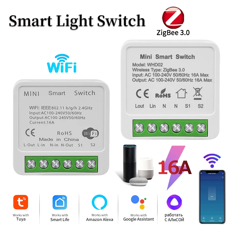 

Tuya ZigBee Wi-Fi Smart Switch 16A Релейный выключатель 220 В 110 В Выключатель света Smart Life APP Голосовое управление с Alexa Google Home Alice