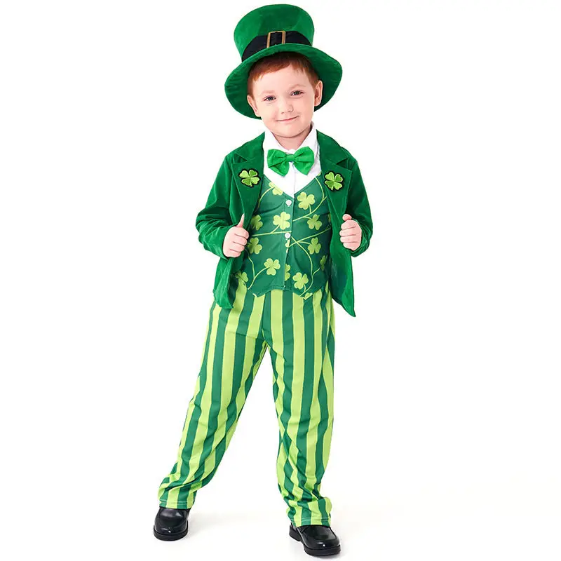 

St.Patrick'sDay Children Costume Green Blazer Full Set Boys Leprechaun Party Costumes Halloween Kids Role Play Outfit Holiday