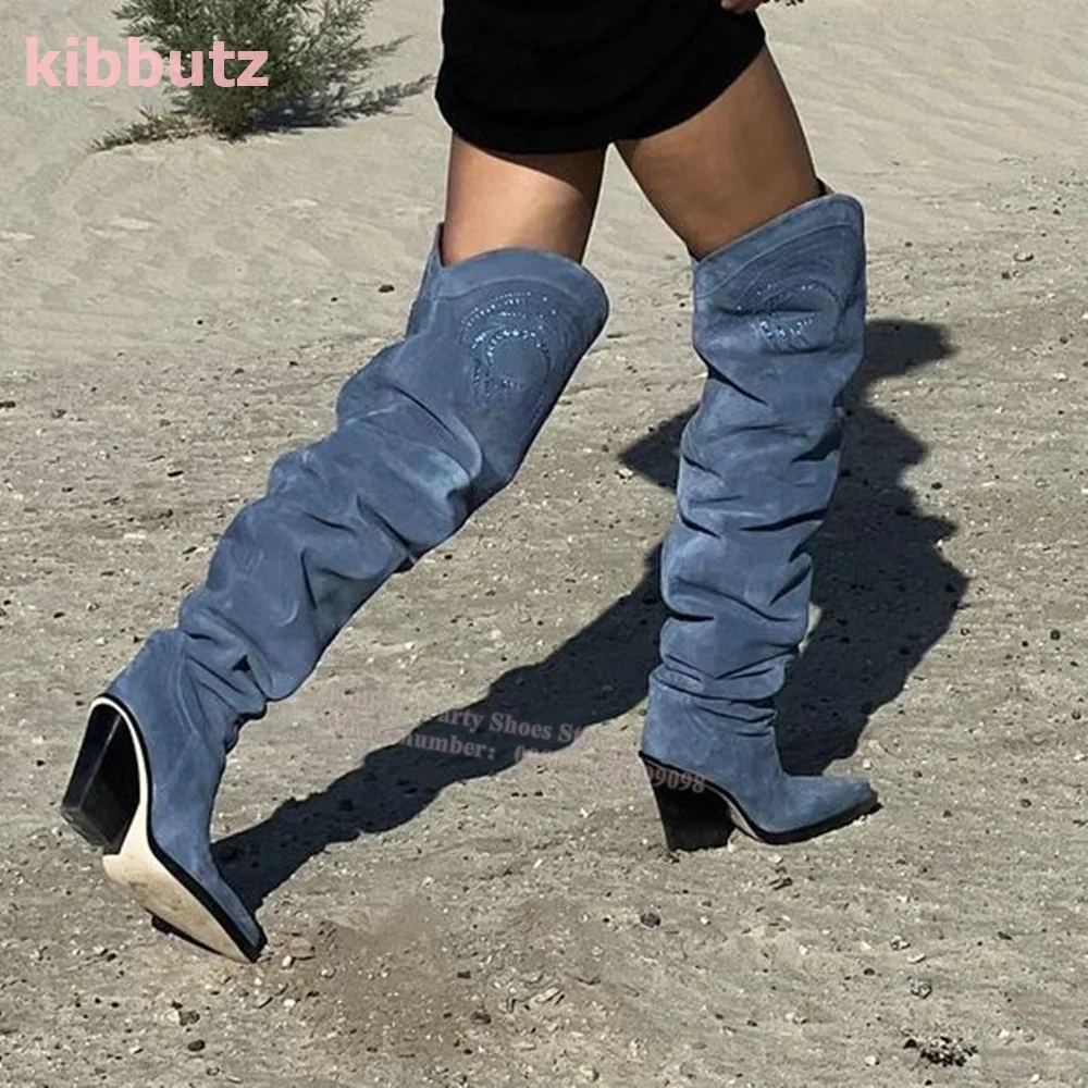 Blue Embroidery Boots Over The Knee Suede Pointed Toe Square Heel Slip-On Cowboy Fashion Runway Show Sexy Concise Women Shoe New
