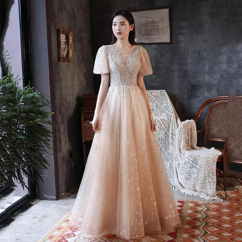 

Champagne V-Neck Short Sleeves Evening Dresses Women Sequins Beading Long A-Line Tulle Formal Dresses Robe De Soiree