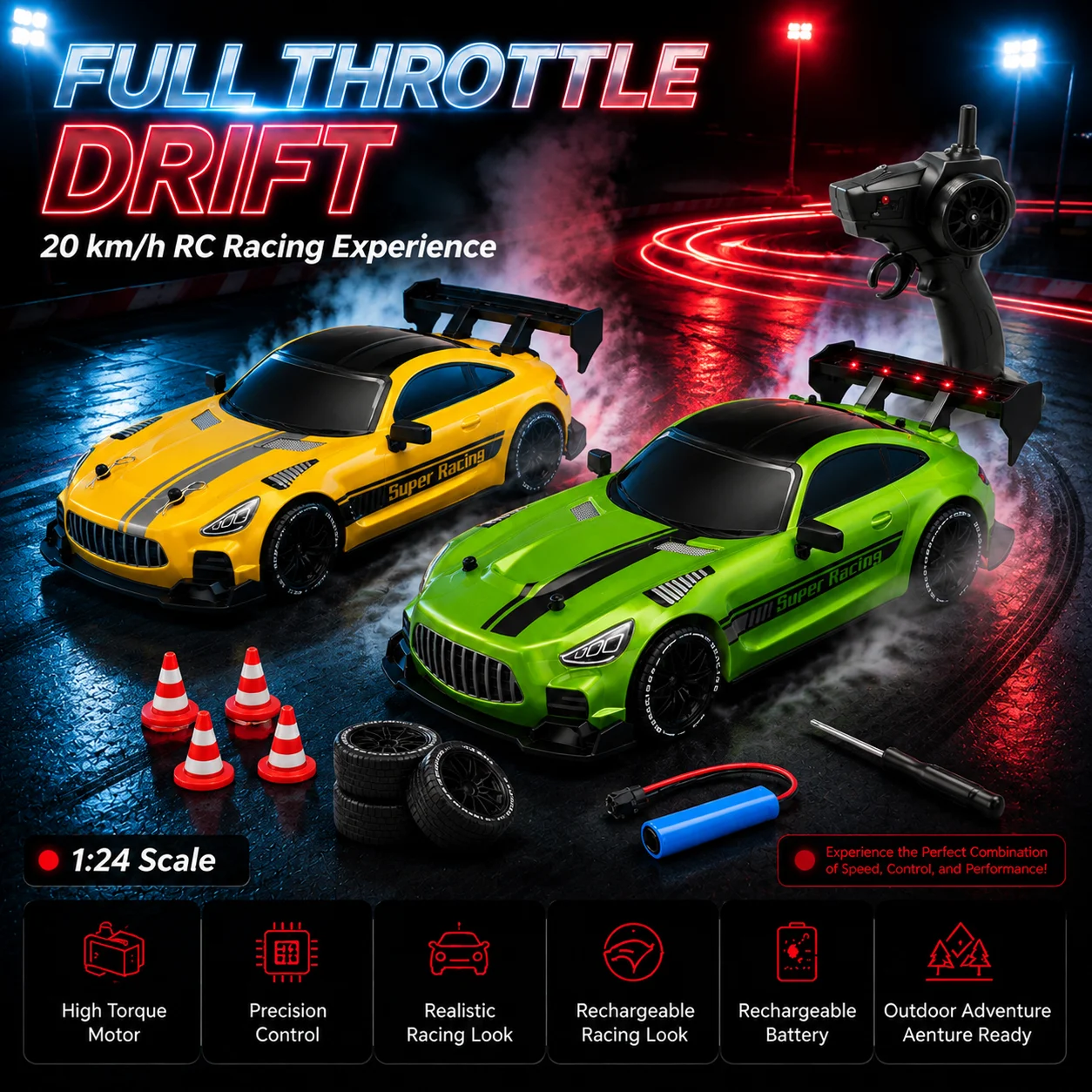 RC Racing Car 20km/h High Speed, 1:24 Scale Precision Control, LED Light Effect With Cones, Boys Indoor Drift Toy Car