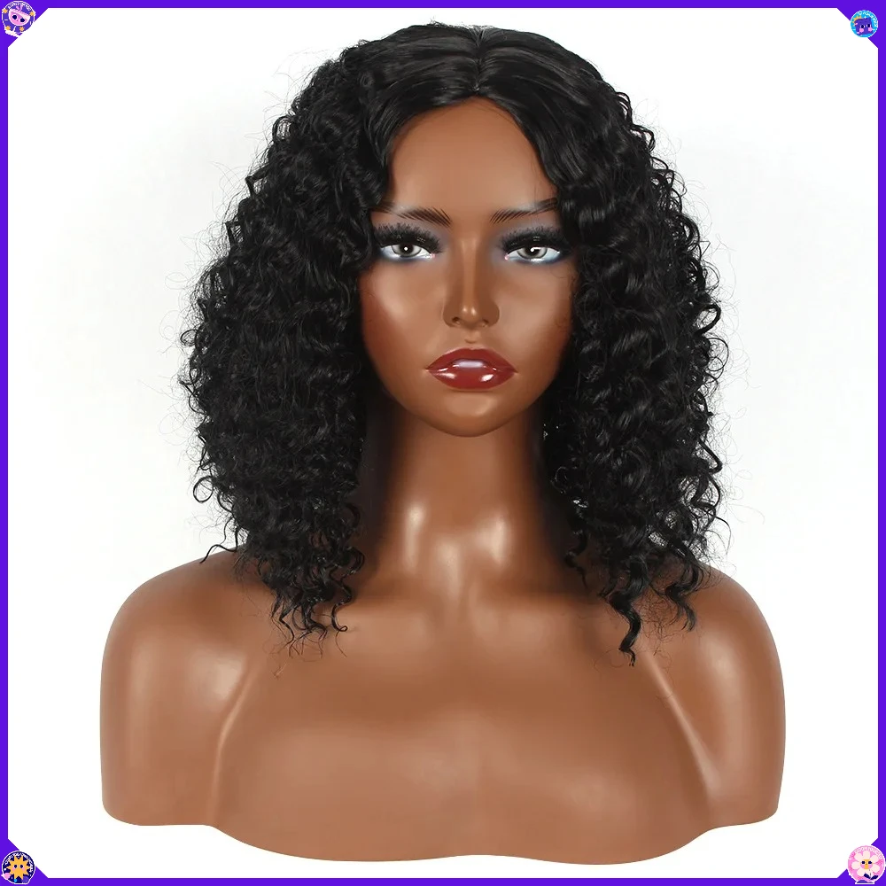 Synthetic Deep Wave Bob Wig Short Curly Spring Style Black Cosplay Party Costume Fiber Wig Natural Look Daily Wear for Women