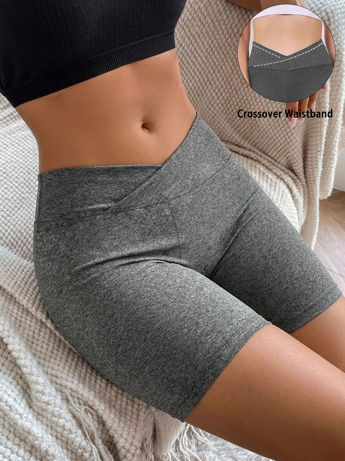 

Women's Super Soft Crossover High Waisted Biker Shorts Tummy Control No See Through Workout Yoga Running Shorts