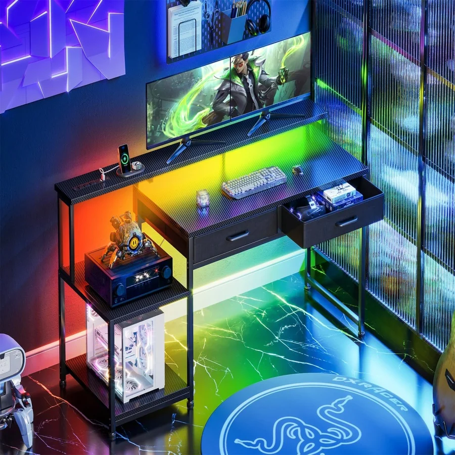 

Игровой стол с LED-подсветкой и розеткой, 55-дюймовый компьютерный стол с ящиками, офисный стол с большой полкой для хранения