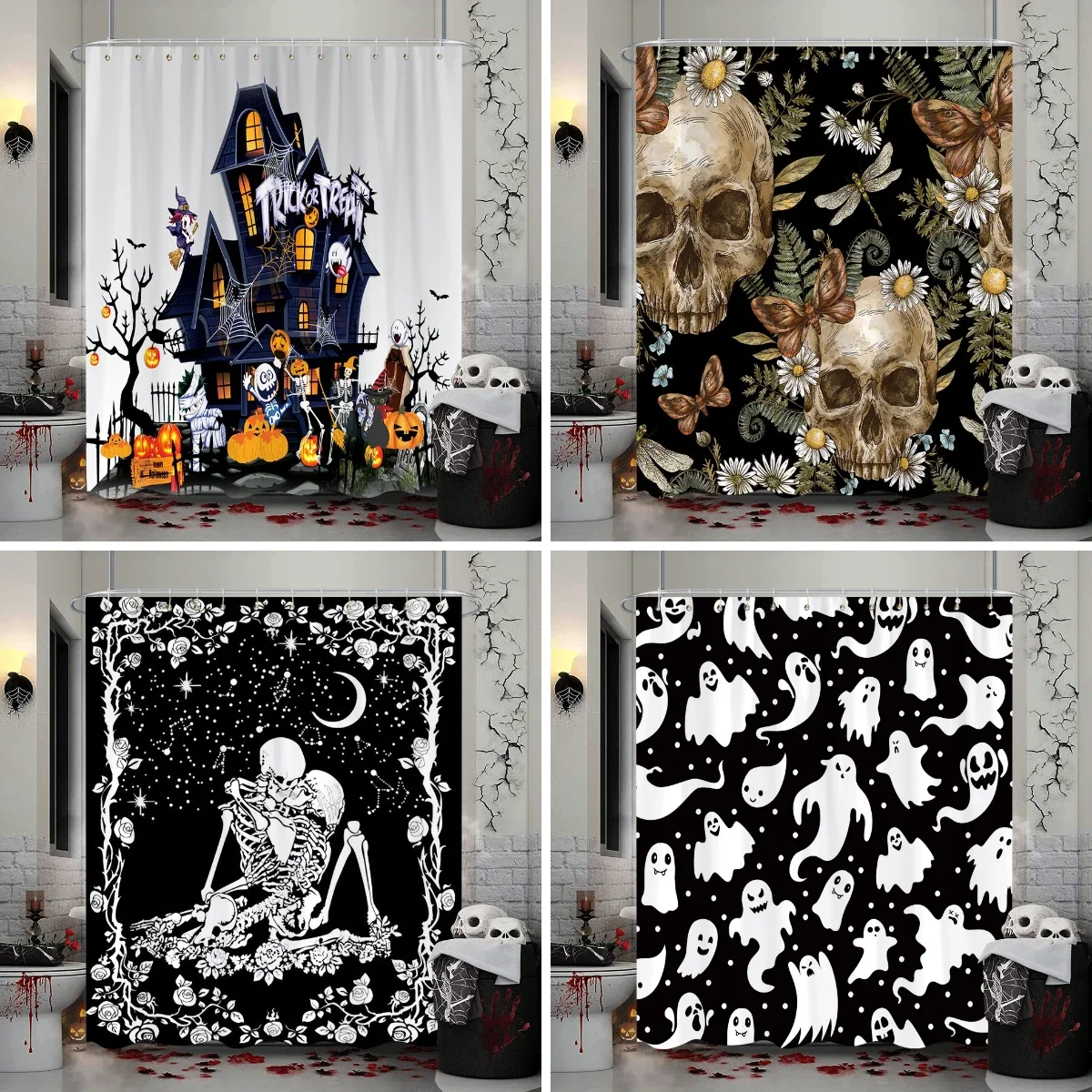 Halloween Skull Flower Shower Curtain Vintage White Daisy Floral Butterfly Gothic Skeleton Day of The Dead Scary Shower Curtains