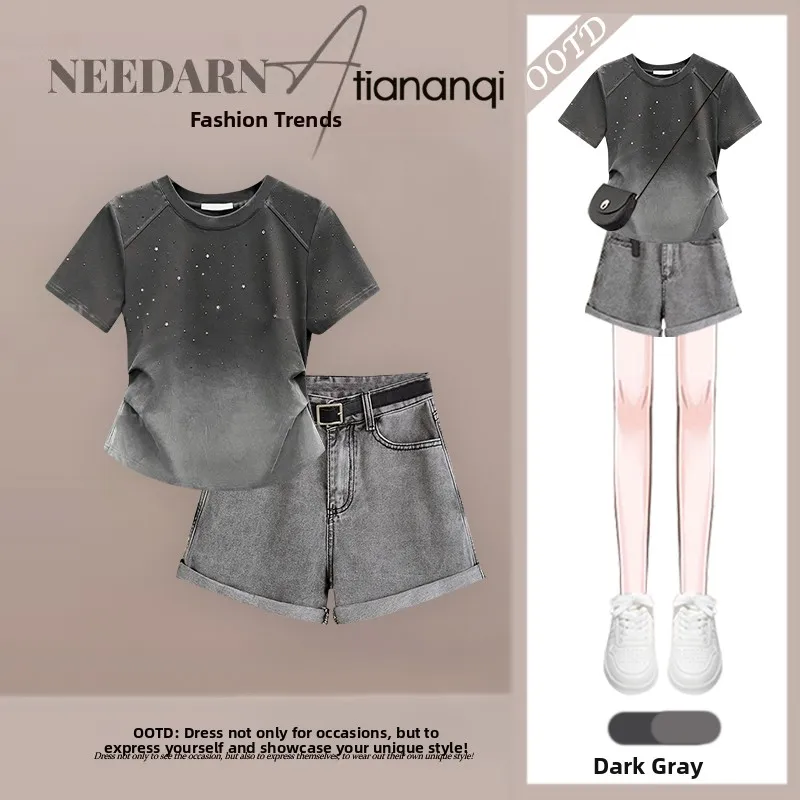 

Commute Ready Women's Faion Set High Waist Denim orts Long Sve Pure Color Vest Summer Outfit High Waist Jeans orts