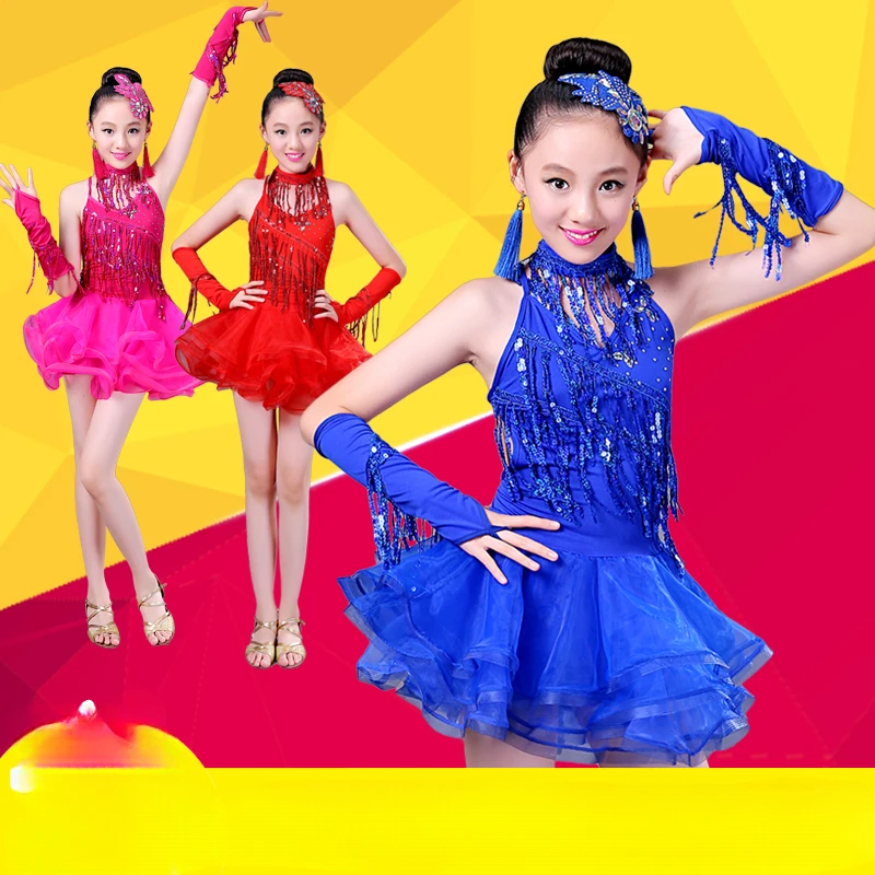 Children's Latin Dance Costumes Children's Latin Skirt Sequins Performing Competition Costume Girls Salsa Dancing Tassel Dress