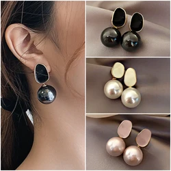 Trend Big Imitation Pearl Dangle Earrings Women Irregular Geometric Oval Drop Earrings for Women Enamel Oil Black Pink Jewelry