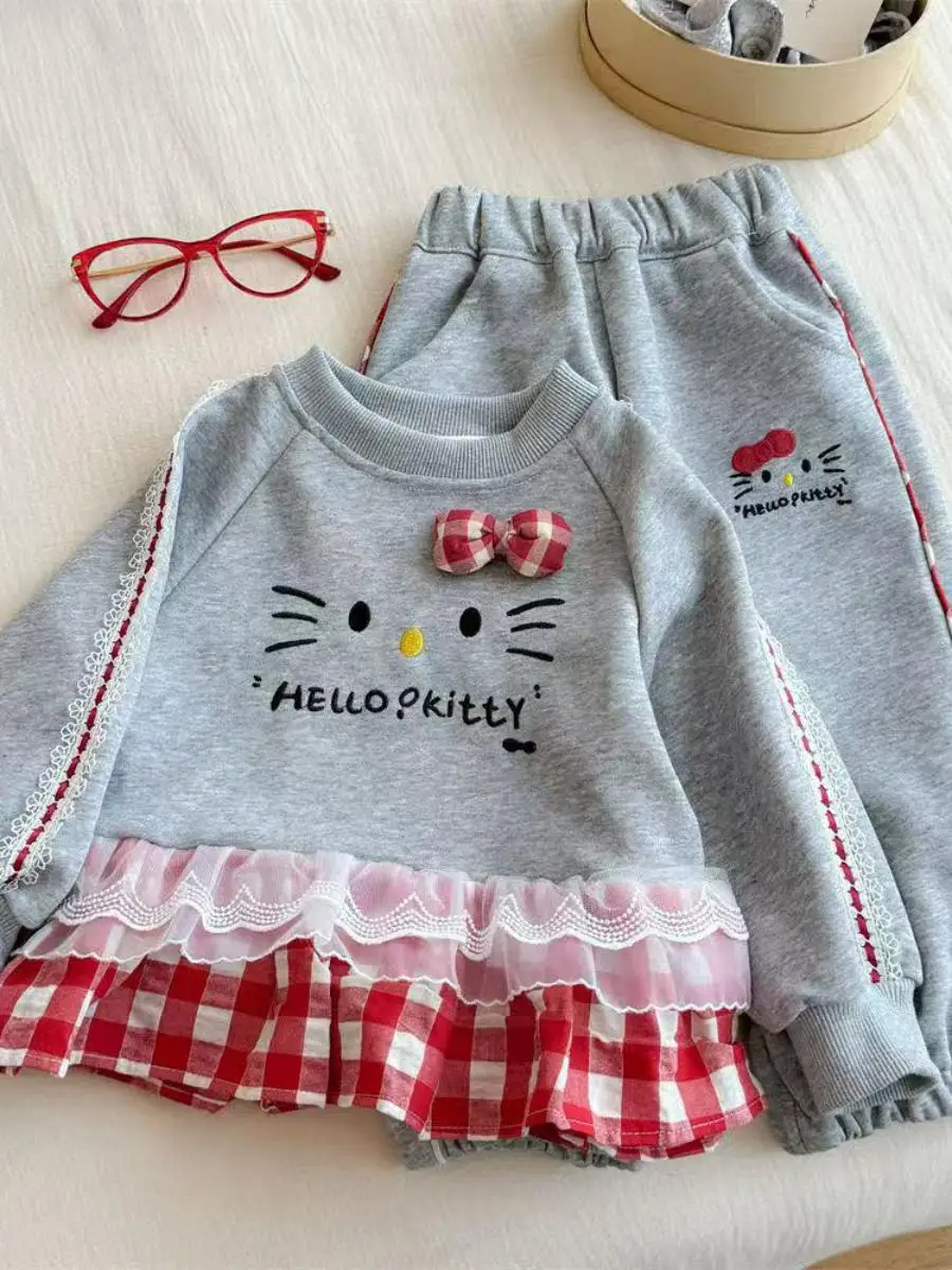

Girls' Spring Autumn Set Fashion Cartoon Hello Kitty Splicing Lace Plaid Hoodie Loose Pants Cute Sweet Children's Two Piece Set