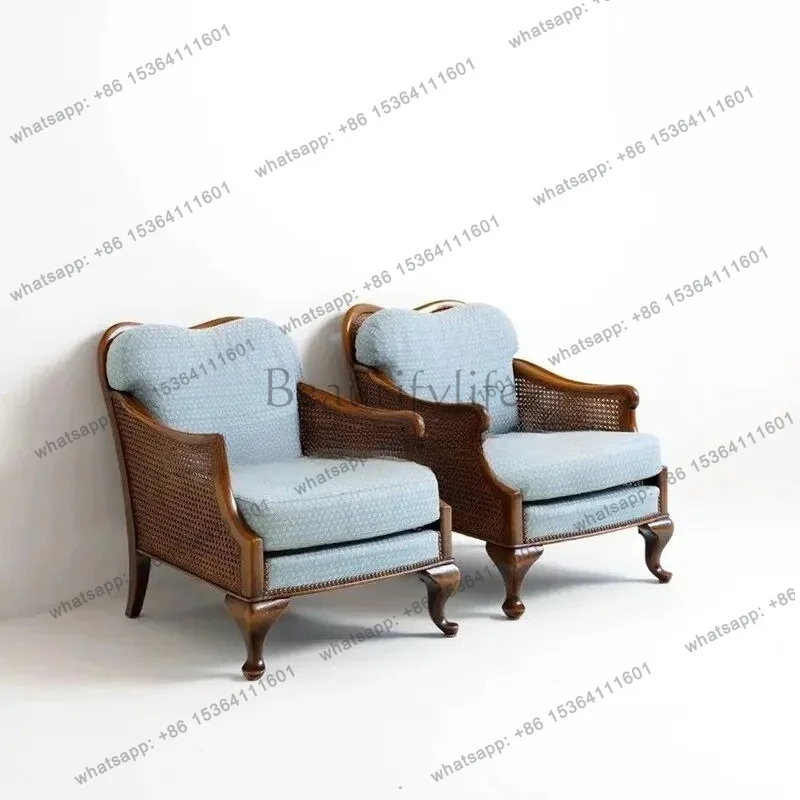 YJ American Solid Wood Braided Rattan Sofa Chair French Retro Classic Living Room Balcony Single Studio Design Sofa